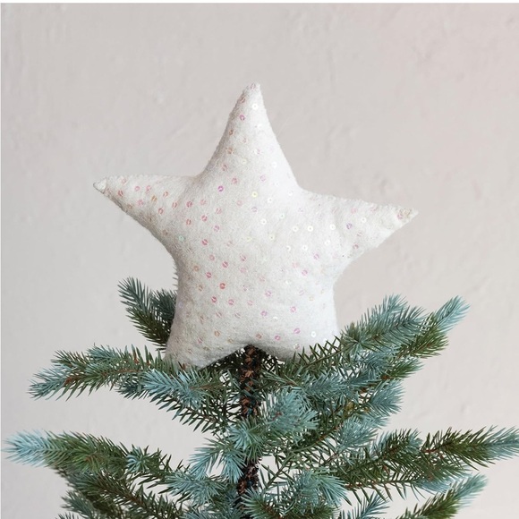 Creative Co-Op Handmade Wool Felt Star Tree Topper with Sequins Beige Crème - Picture 1 of 14